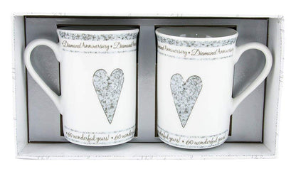 Beautifully Designed 60th Diamond Wedding Anniversary Set of Ceramic Mugs with Hearts | Dishwasher and Microwave Safe with Decorative Keepsake Box by Happy Homewares