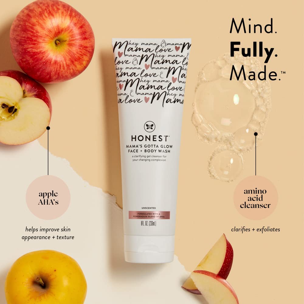 The Honest Company New Mama Care Essentials Gift Set, Hospital Bag Must Haves, Travel Size Nip Balm (0.5 oz) Glow On Body Cream (1 Gotta Face Wash (1.75 fl) with Reusable Pouch