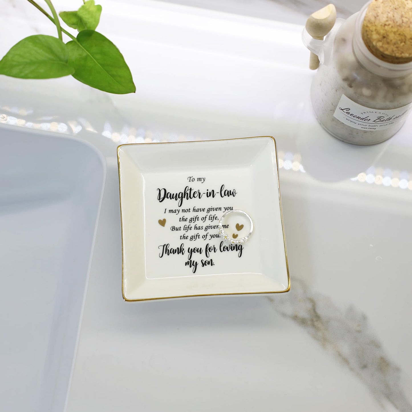 HOME SMILE Mothers Day Gifts for Daughter in Law Ceramic Ring Jewelry Dish Tray Plate for Birthday Christmas Valentines Wedding-Thank You for Loving My Son