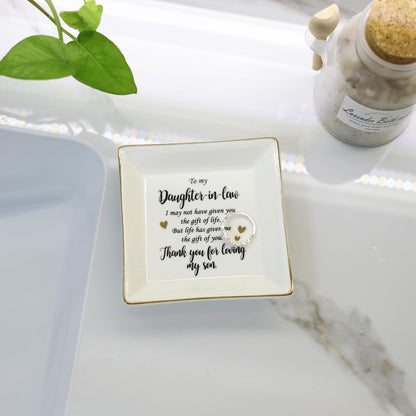 HOME SMILE Mothers Day Gifts for Daughter in Law Ceramic Ring Jewelry Dish Tray Plate for Birthday Christmas Valentines Wedding-Thank You for Loving My Son