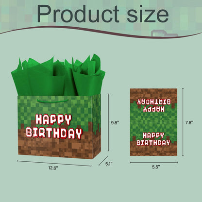 Ranfashiong 13" Large Pixel Theme Birthday Boys Gift Bag with Tissue Paper and Card for Kids, Men Party Supplies (Green)