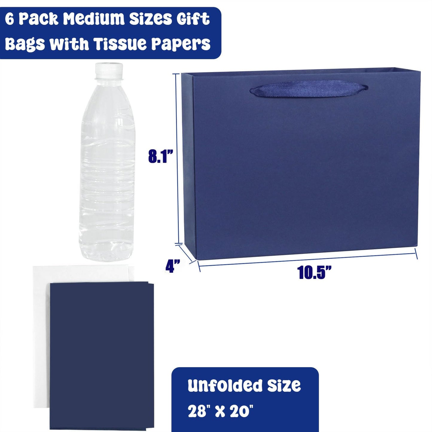 Padiaet 6 Pack Medium 10.5"x4"x8.1" Blue Gift Bags with Tissue Papers, Kraft Shopping Bags with Ribbon Handles, Retail Wrapping Set for All Occasions