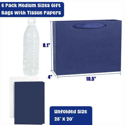Padiaet 6 Pack Medium 10.5"x4"x8.1" Blue Gift Bags with Tissue Papers, Kraft Shopping Bags with Ribbon Handles, Retail Wrapping Set for All Occasions