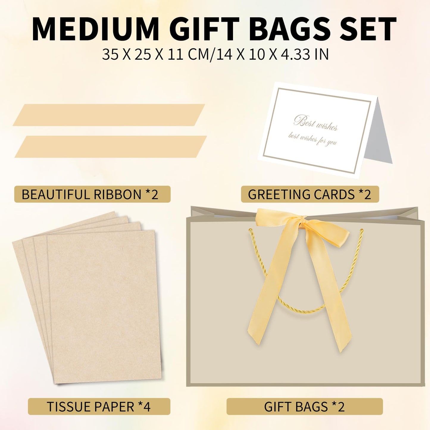 woric 2 Pcs Gift Bags with Handles, 14" Medium Gift Bag with 4 Tissue Paper & 2 Cards Gold Bag for Graduation Wedding Bridal Shower Baby Shower Birthday