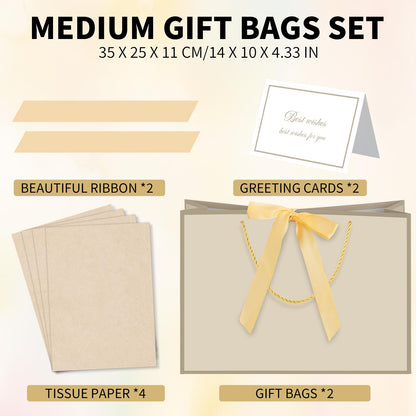 woric 2 Pcs Gift Bags with Handles, 14" Medium Gift Bag with 4 Tissue Paper & 2 Cards Gold Bag for Graduation Wedding Bridal Shower Baby Shower Birthday