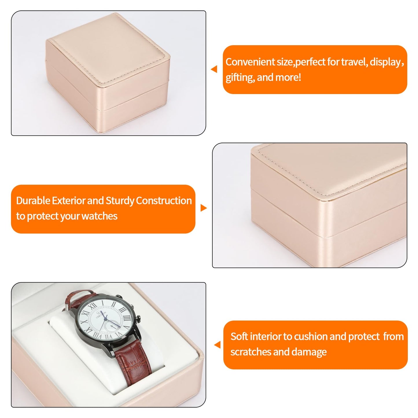 PU Leather Watch Box, Compact Watch Gift Case with Pillow for Women Men, Travel Watch Holder Storage Boxes for Birthdays Anniversary Father's Day Graduations (Gold)