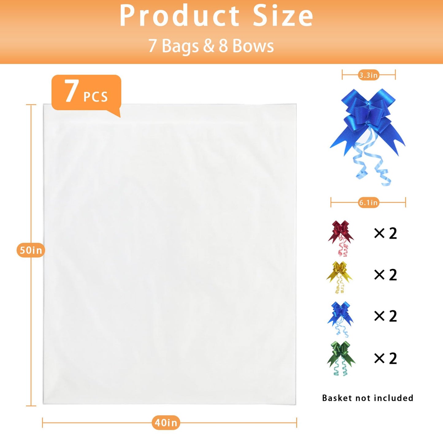Volokitx 7-Pack 40x50 Inch Clear Cellophane Bags with 8 Colorful Pull Bows,Extra Large Cellophane Wrap for Gift Baskets, Baby Showers, Raffles, and Charity Auctions
