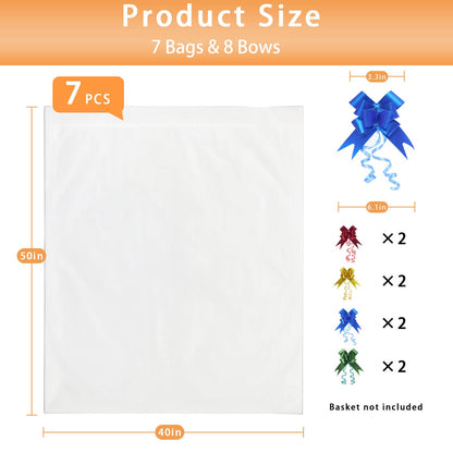 Volokitx 7-Pack 40x50 Inch Clear Cellophane Bags with 8 Colorful Pull Bows,Extra Large Cellophane Wrap for Gift Baskets, Baby Showers, Raffles, and Charity Auctions