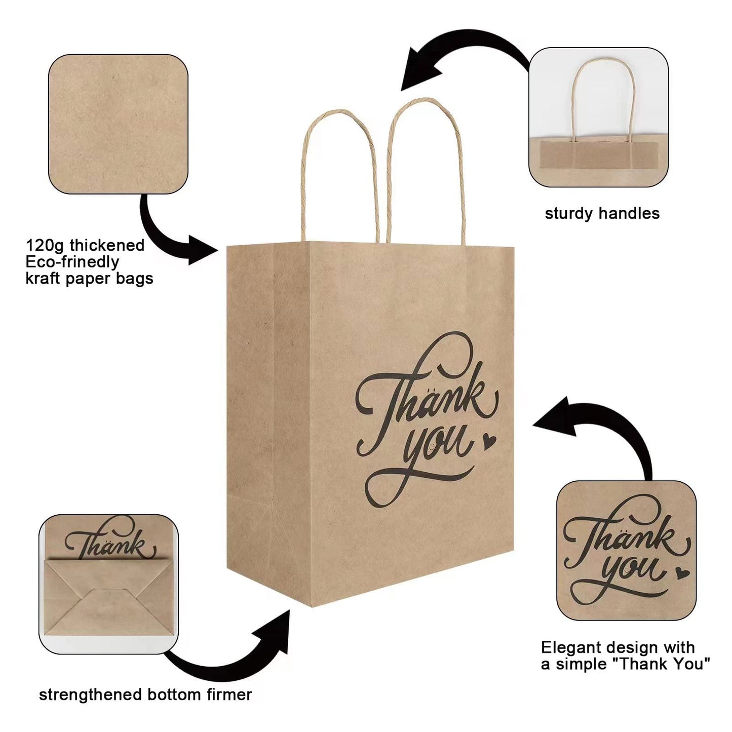 bagmad 100 Pack 8x4.75x10 Inch Medium Brown Paper Gift Bags with Handles Bulk, Thank You Kraft Paper Bags for Party Favors Grocery Retail Shopping Wedding Craft Sacks (Plain Natural, 100pcs Count)