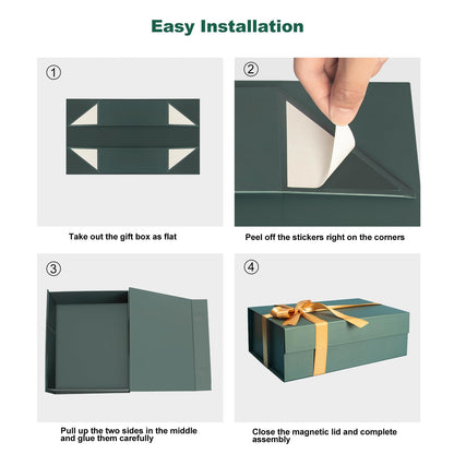 Green Gift Boxes with Lids, 9x7x4 Inches Gift Box with Ribbon, Collapsible Gift Boxes with Magnetic Closure for Presents, Bridesmaid Proposal Box Contains Gift Card Ribbon Tag