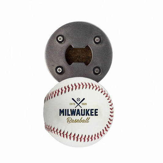 Milwaukee Beer Bottle Opener - Real Baseball Leather, Magnetic & Cap Catcher - Cool Gadget Gift for Men