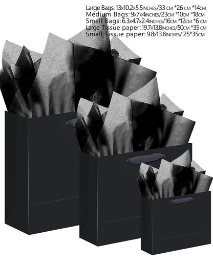 qiqee 10PCS Black Gift Bags with Ribbon Handles Mulit Assorted Sizes Gift Wide Bags (2pcs Large 13", 4pcs Medium 9.6", 4pcs Small 6.3",Tissue Paper)