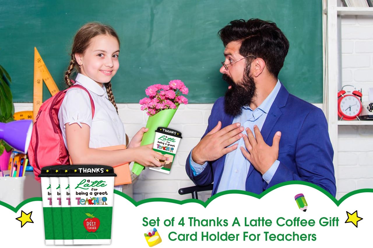FLYAB Teacher Appreciation Gift Card - 4 Set Teacher Coffee Gift Card Holders with Envelopes Thank You Gifts Holders End of School Year Gifts for Teachers from Students Kids