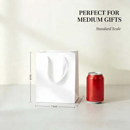 Treelement White 6 Pcs Gift Bags with Tissue Paper and Greeting Cards, 7×4×9 Inch Gift Bags with Handle for Wedding, Birthday, Party Favors, Baby Shower and Holiday Gifting.