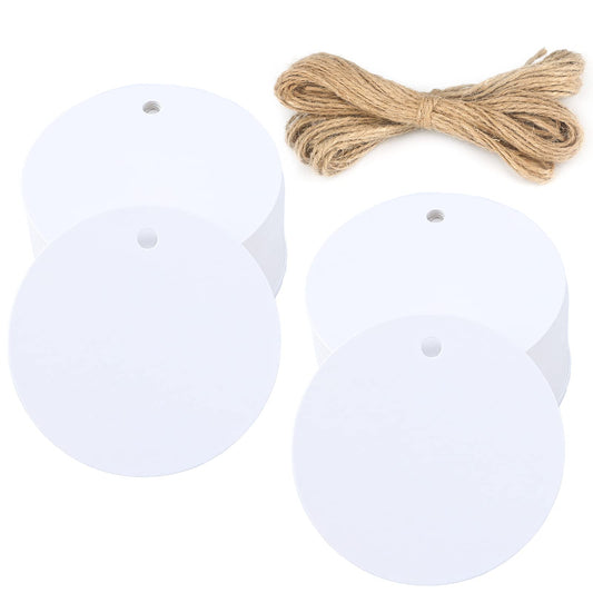 G2PLUS 100PCS White Gift Tags with String，2.2'' Round Paper Tag Blank Hang Tag Circle Tags with Holes for Craft Projects, Xmas Gift, DIY Wedding Favor Bag