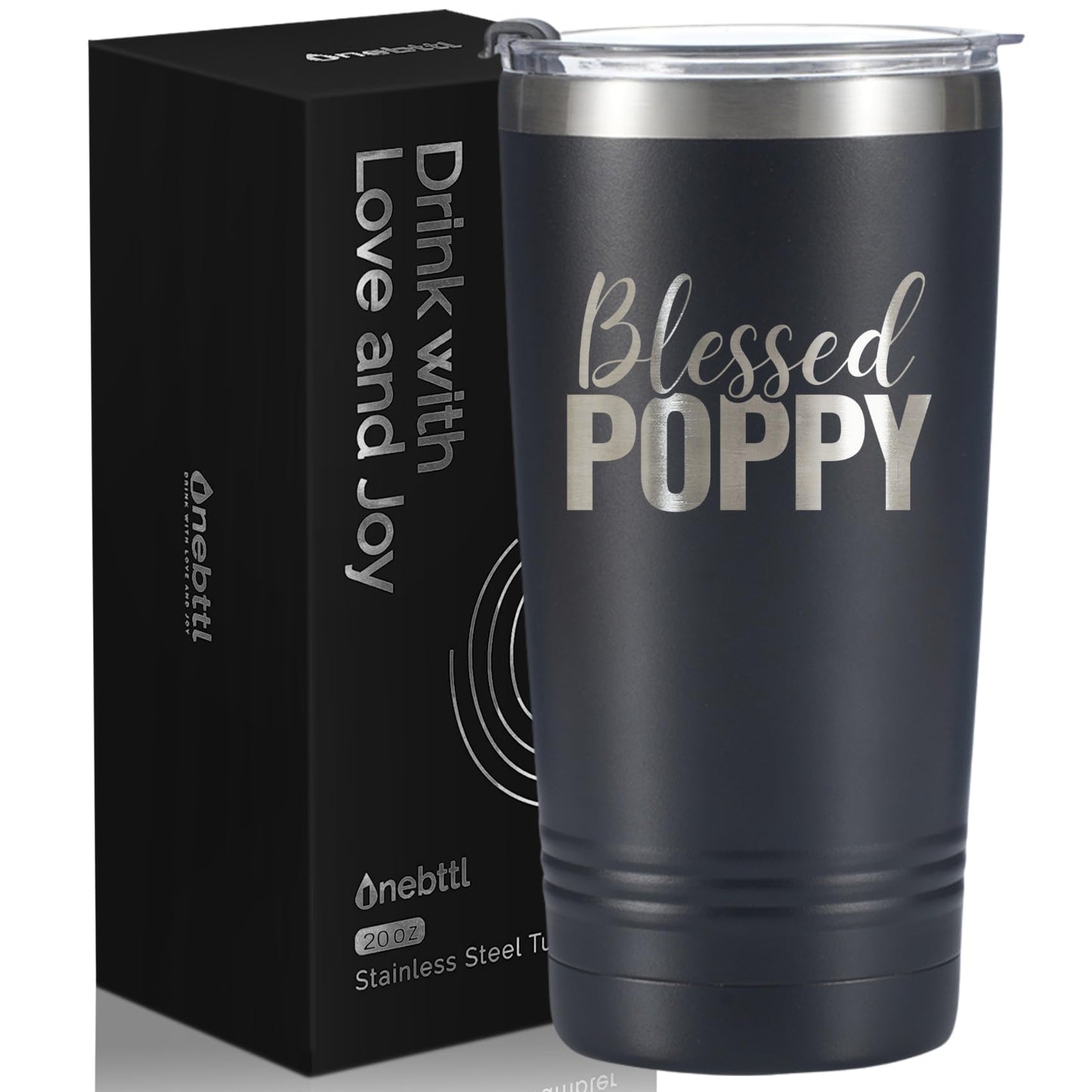 Onebttl Poppy Gifts, Grandpa Gifts from Grandchildren, Father's Day Gifts for Poppy, Laser Engraved Design, 20oz/590ml, Stainless Steel Tumbler with Straw & Lid, Black - Blessed Poppy
