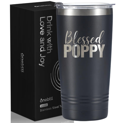 Onebttl Poppy Gifts, Grandpa Gifts from Grandchildren, Father's Day Gifts for Poppy, Laser Engraved Design, 20oz/590ml, Stainless Steel Tumbler with Straw & Lid, Black - Blessed Poppy