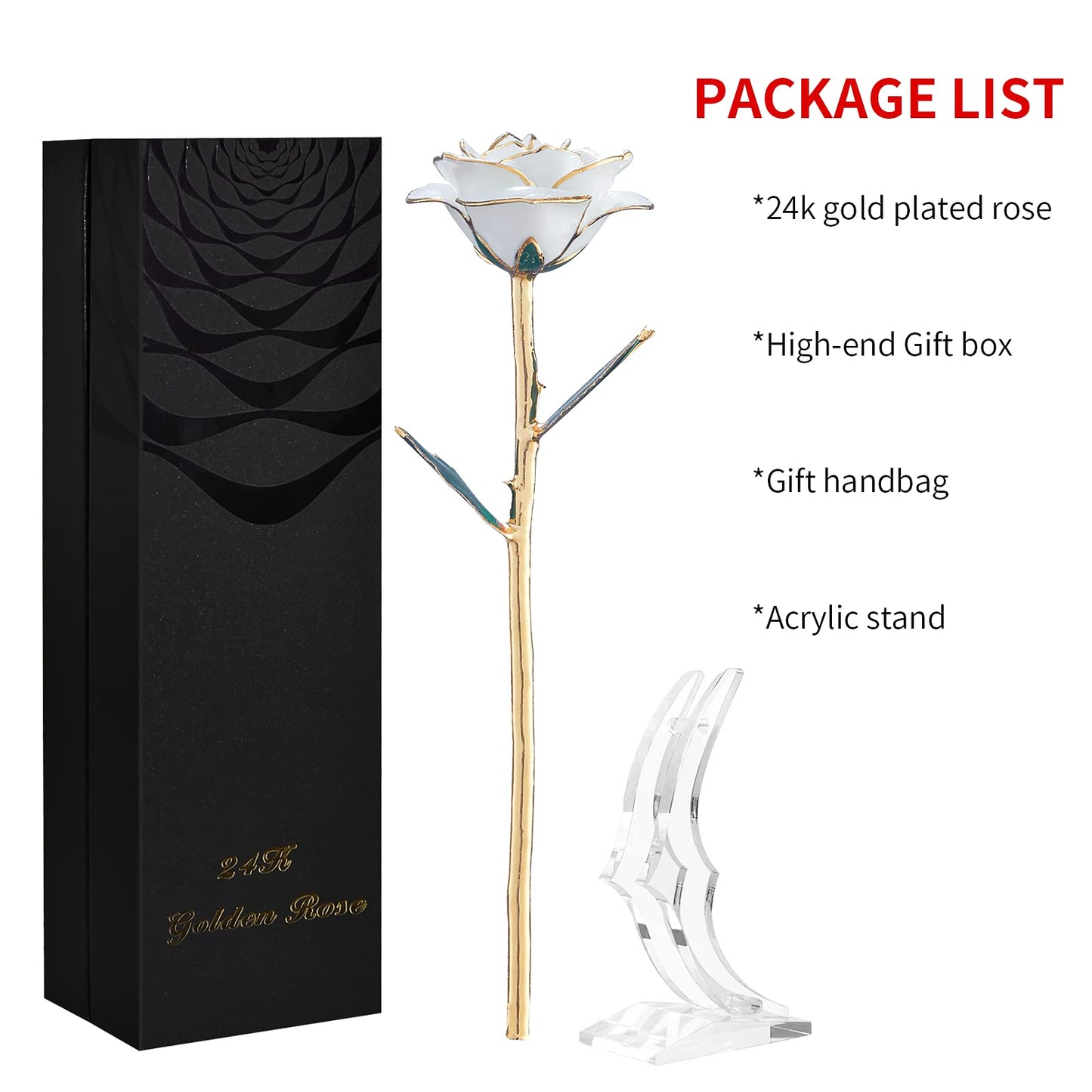 SW 24k Gold Dipped Real Rose Lasted Forever with Stand, White Gold Rose Gifts for Women Wife for Her, Christmas, Valentines Day, Mothers Day, Birthday