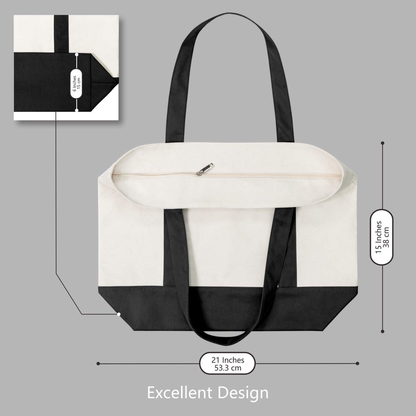 TOPDesign 1 | 3 | 6 | 30 Pack Canvas Tote Bag with an External Pocket, Reusable Grocery Shopping Bag, Top Zipper Closure, Daily Essentials (Black/Natural Pack of 1)
