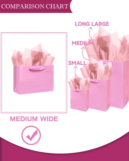 qiqee 5PCS Pink Gift Bags with Ribbon Handles 9.6"x7.9"x4.3" Medium Size Gift Bags (Tissue Paper included, Medium Wide)