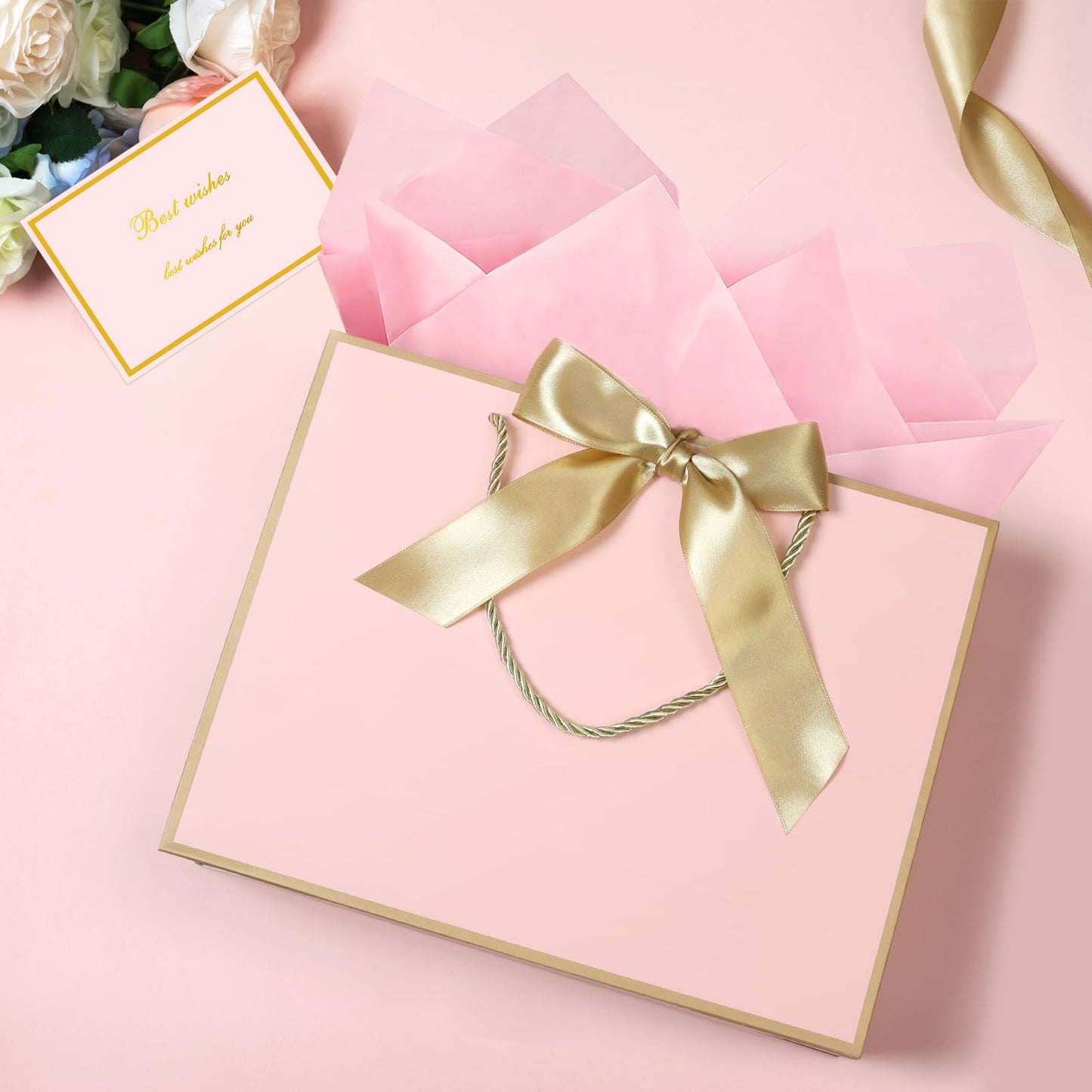 JMANNI Pink Gift Bags with Handles, 13” Medium Gift Bag for Presents, 1 Pcs Bags with 2 Tissue Paper and 1 Cards for Baby Shower Wedding Bridal Shower Mother's Day Birthday Party (Pink Golden)