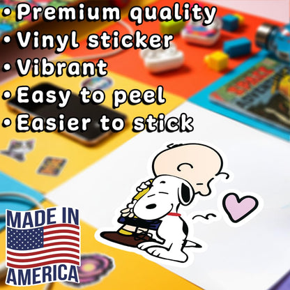 Snoopy & Charlie Brown Hugging Adhesive Vinyl Decal, Cute Snoopy Heart Sticker for Car, Window, Water Bottle or Laptop (4" x 3.2")