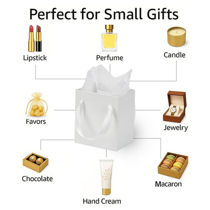 Papertide 6 Pack Small White Gift Bags 4x2.8x4.5 inch with Tissue Paper, Reusable Mini Gift Bags for Jewelry, Candles, Cosmetics, Birthday, Party Favors, Thank You Gifts