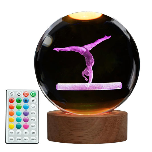 Gymnastics Night Light, Gymnastics Gifts for Girl, Gymnastics 3D (3.15 in) Crystal Ball Night Light with Remote Upgraded Lamps with 16 Color for Birthday Xmas Cool Room Decor for Boys Girls