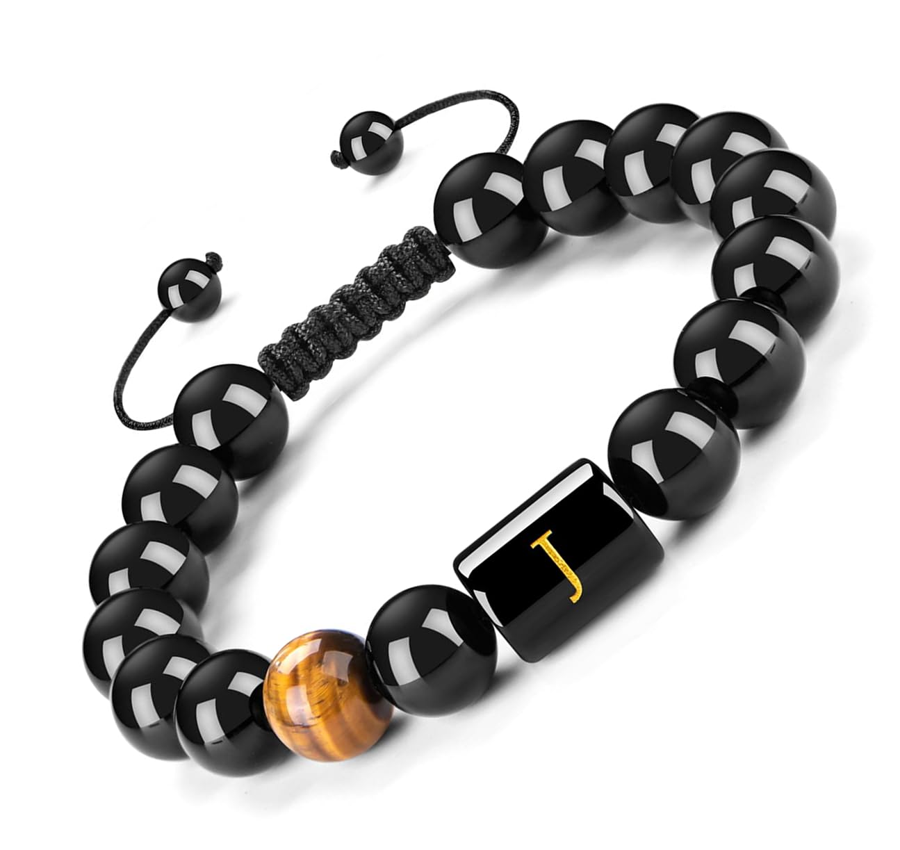 FRG Initials Bracelets for Men Letter Link Handmade Natural Black Onyx Tiger Eye Stone Beads Braided Rope Meaningful Bracelet