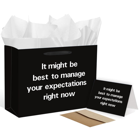SolarGlory Black Funny Gift Bag with Card and Tissue Paper - Sarcastic Manage Your Expectations Design - White Wrapping Paper - Perfect for Prankgifts, Officegifts, Birthday & Humor Enthusiasts