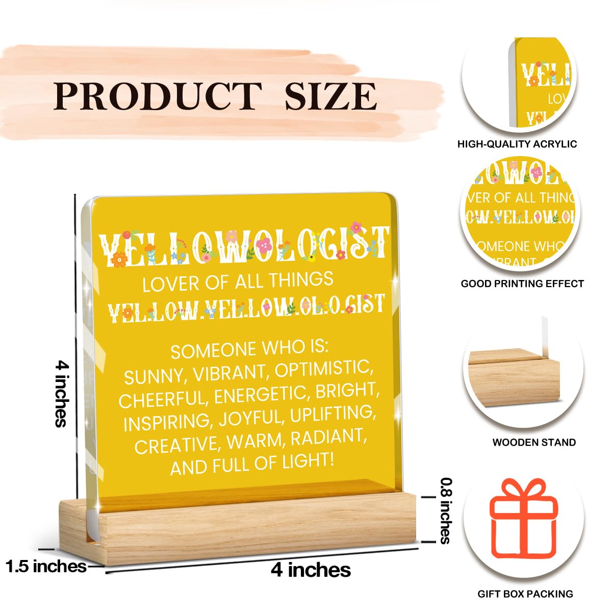 Yellow Gifts for Women Men, Birthday Gifts for Mom Sister Friends,Yellow Acrylic Decor for Bedroom Office Home Signs Decorations （4 x 4 Inches）