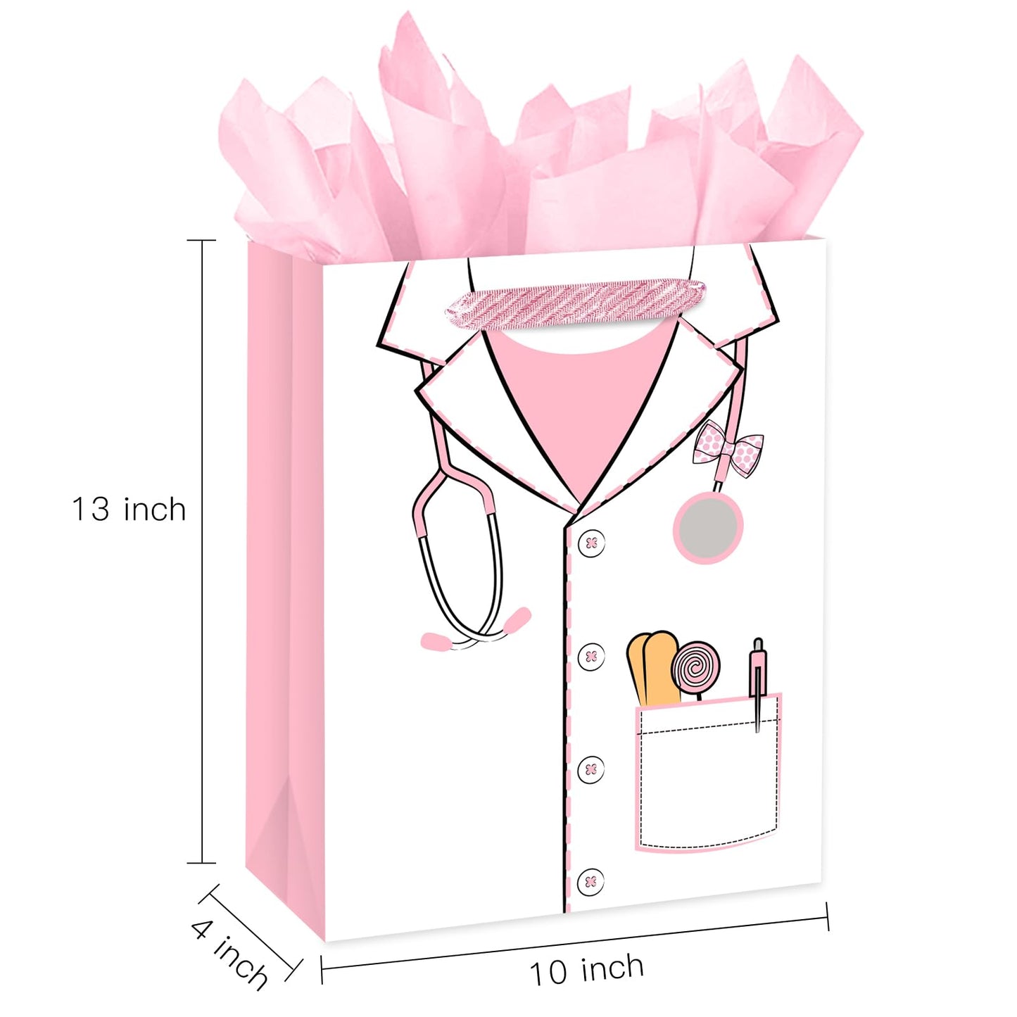 Loveinside 13" Large Pink Nurse Gift Bag for Wmen, Pink Medical Uniform Design Gift Bag with Tissue Paper, Crad for Nurses, Doctor, Nursing Graduation, Medical School, Thank You, 10" x 5" x 13", 1 Pcs