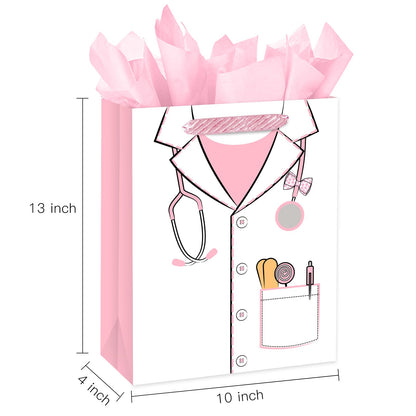 Loveinside 13" Large Pink Nurse Gift Bag for Wmen, Pink Medical Uniform Design Gift Bag with Tissue Paper, Crad for Nurses, Doctor, Nursing Graduation, Medical School, Thank You, 10" x 5" x 13", 1 Pcs