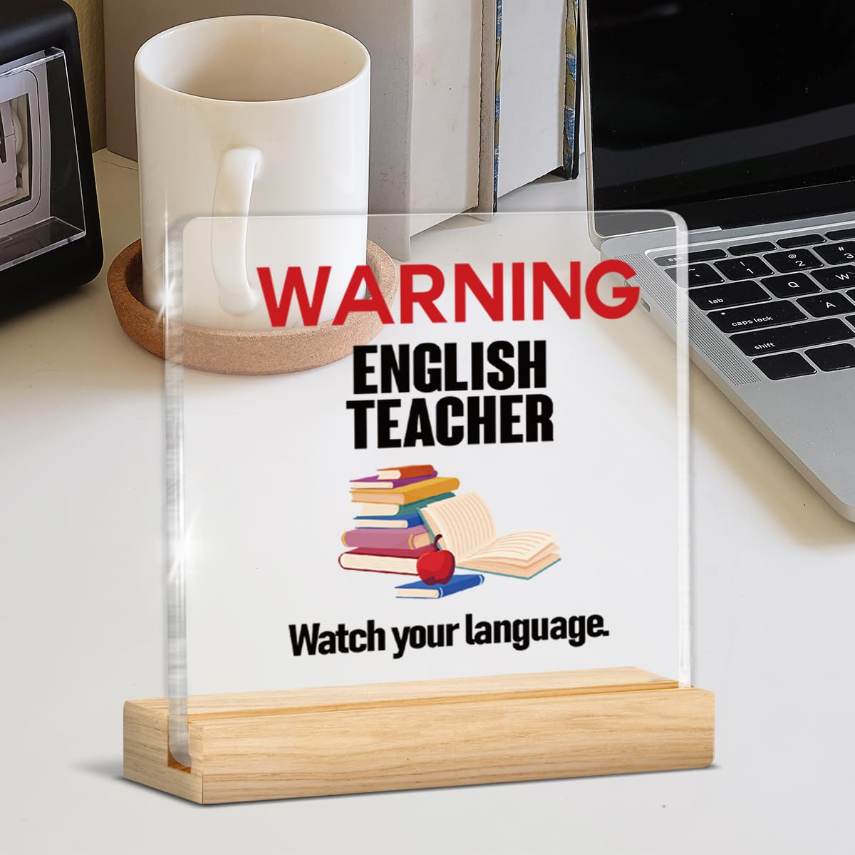 Funny English Teacher Office Decor Sign - Watch Your Language Acrylic Decorative Sign for Classroom Office - White Elephant Gag Gifts for English Teacher 4 X 4 Inch