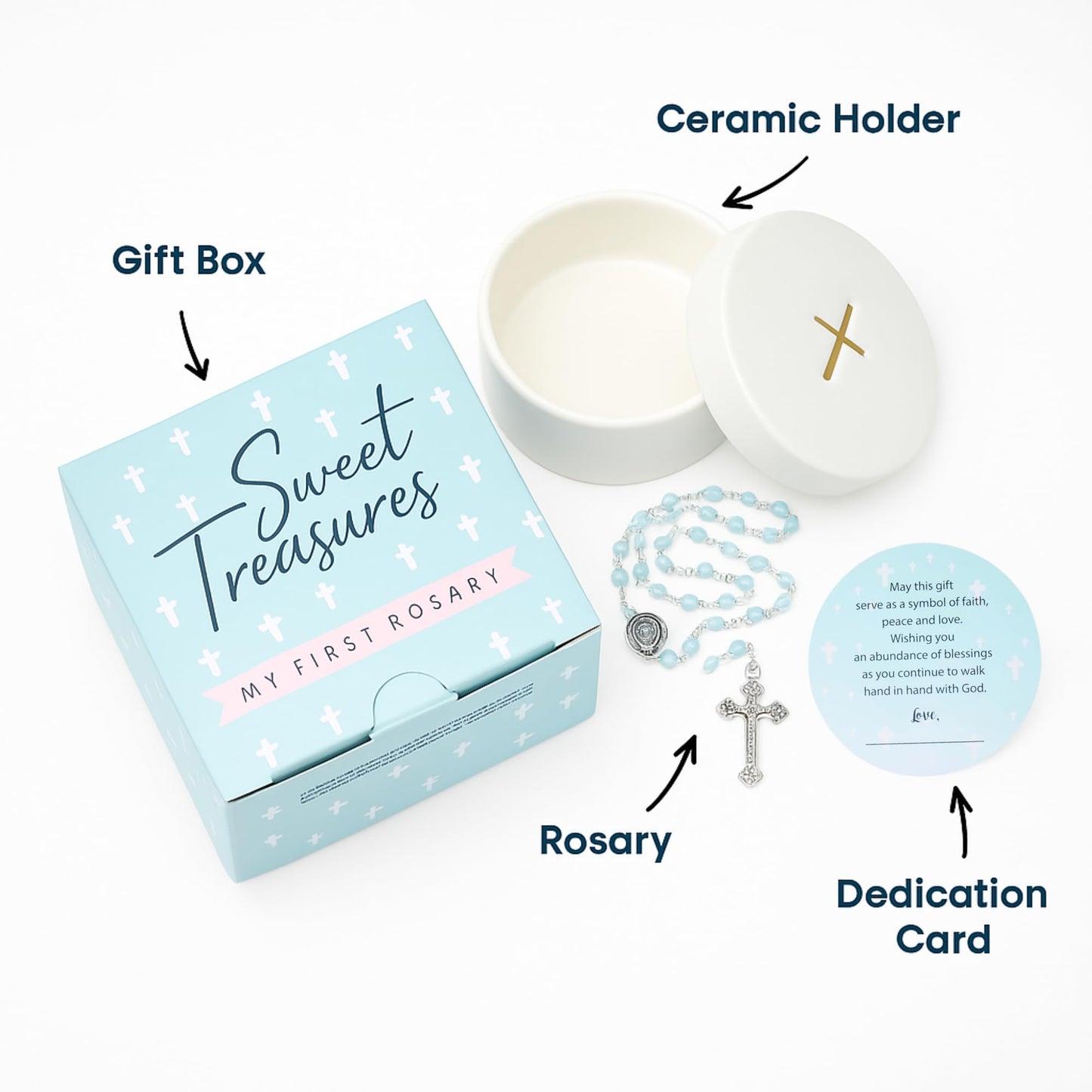 Baptism Gifts for Boys – Blue Rosary with Ceramic Keepsake Box and Card, Catholic Communion Gift, Christening and Baby Shower Rosary Beads, Sweet Treasures Gifts, Blue