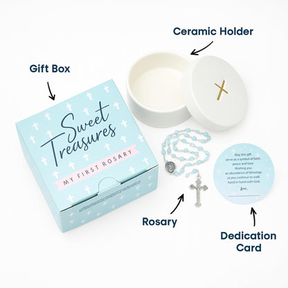 Baptism Gifts for Boys – Blue Rosary with Ceramic Keepsake Box and Card, Catholic Communion Gift, Christening and Baby Shower Rosary Beads, Sweet Treasures Gifts, Blue