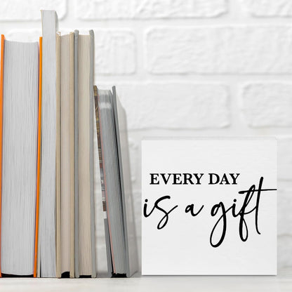 Inspirational Gifts for Women Men Friends, Everyday Is A Gift Wood Box Sign Decor for Home Room Office Cubicle Desk Shelf, Rustic Wooden Box Decorative Signs, 5.1x5.1Inch