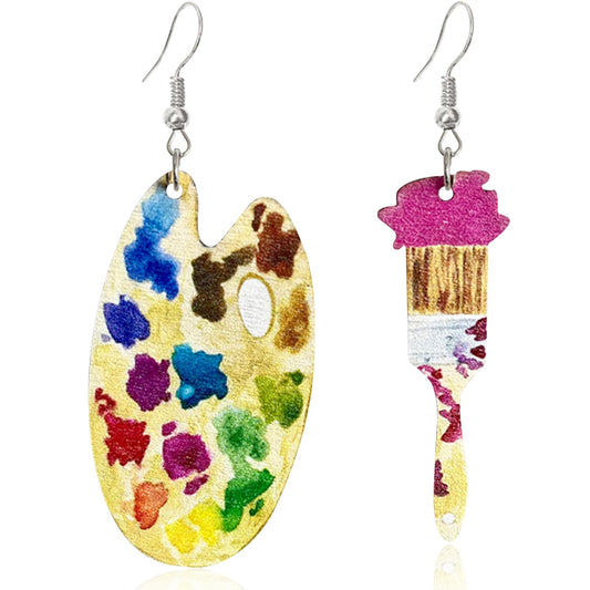 Handmade Double Sided Printing Bohemian Vintage Big Wooden Artist Paint Brush Dangle Drop Earrings Paint Palette Hook Earrings Colorful Painter Jewelry Artist Gift Art Teacher