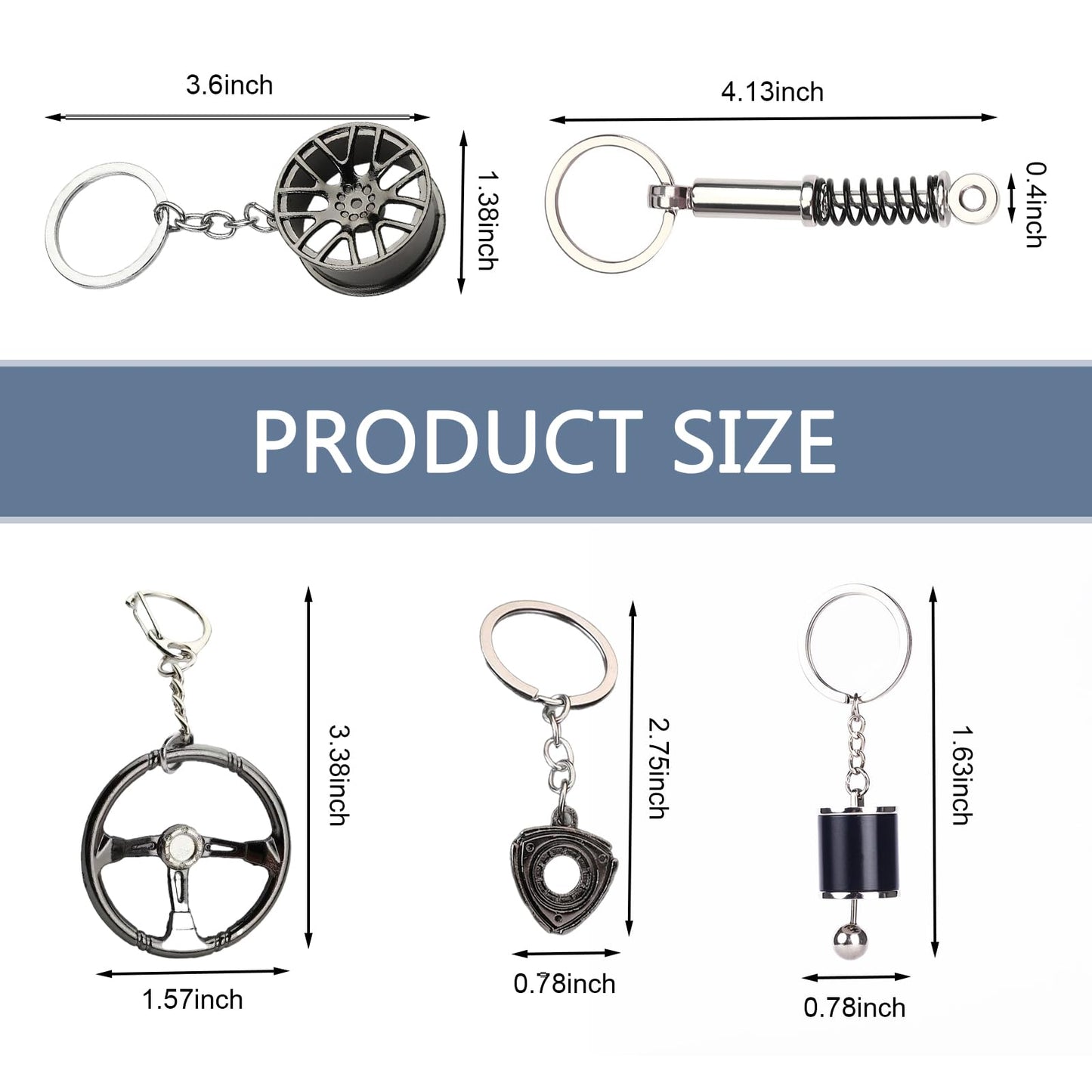 WZP 5PCS Car Keychains, Metal Car Parts Model Key Chain Kit, Steering Wheel, Tire Rim, Spring, Manual Transmission, Rotor Engine Keychain, Para Carros for Auto Lover Christmas Graduation Guy Gifts