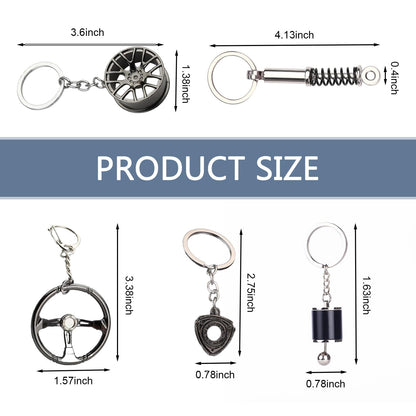 WZP 5PCS Car Keychains, Metal Car Parts Model Key Chain Kit, Steering Wheel, Tire Rim, Spring, Manual Transmission, Rotor Engine Keychain, Para Carros for Auto Lover Christmas Graduation Guy Gifts
