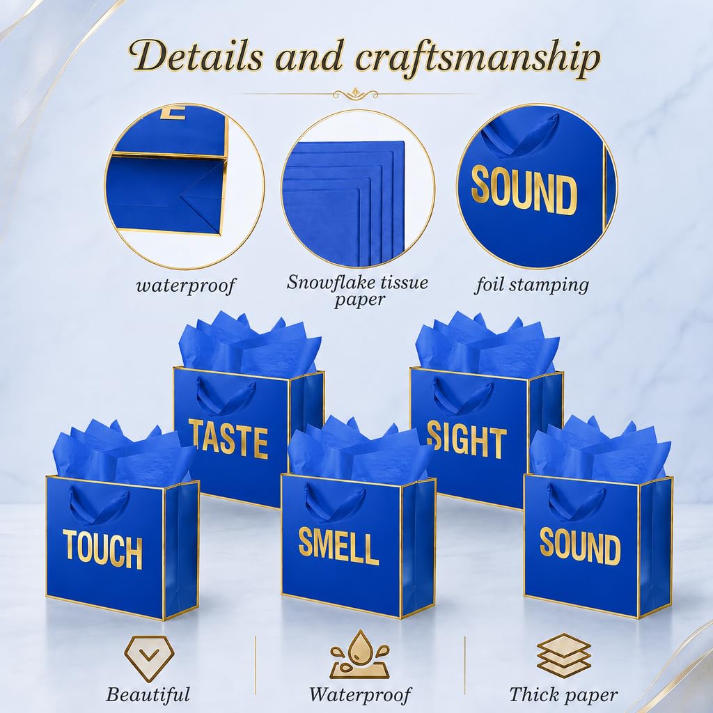 Large Gold Foil 5 Senses Gift Bags For Him Her with Labels Envelopes and Cards, Sight Smell Touch Taste Sound Gift Bags with Tissue Paper For Birthday, Anniversary, Mother'S Day, Valentine's Day 12 x 10 x 4 (Blue)