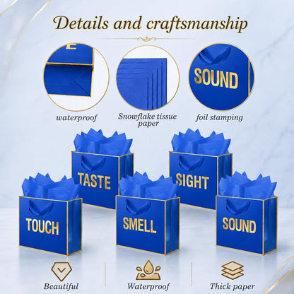 Large Gold Foil 5 Senses Gift Bags For Him Her with Labels Envelopes and Cards, Sight Smell Touch Taste Sound Gift Bags with Tissue Paper For Birthday, Anniversary, Mother'S Day, Valentine's Day 12 x 10 x 4 (Blue)