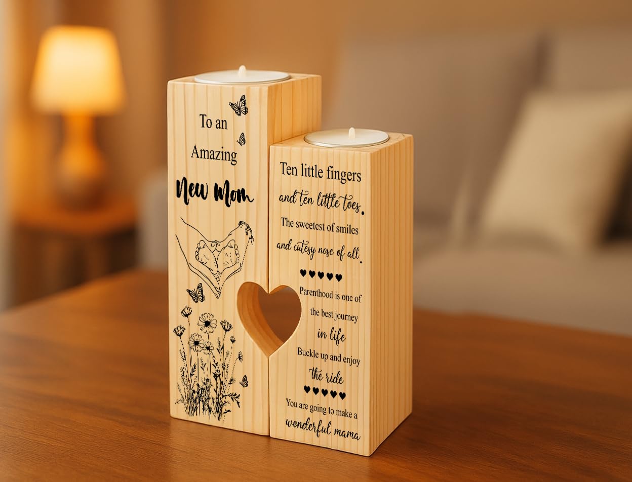 New Mom Gifts – Wooden Candle Holder with Poem – Gift for New Mom After Birth, Postpartum Gifts, Pregnancy Gifts for Expecting Mom, Push Presents, First Time Mom Gift