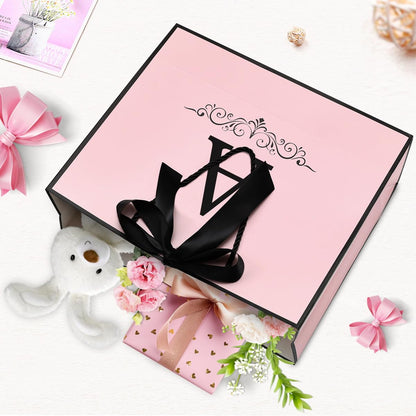 KeerxunBag Paper Personalized Gift Bags for Women Girls with Initial - Monogrammed Pink Paper Gift Bag with Ribbon Bow, Matching Tissue Paper, Card and Envelope Sticker (A, Medium)