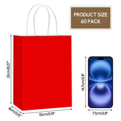 Qioxiou 60 Pack Red Gift Bags with Handles Small Size Bulk 5.91x3.15x8.27 Kraft Paper Gift Bags, Small Red Paper Sacks for Shopping, Business, Retail Merchandise Grocery, Wedding Birthday Party Favor