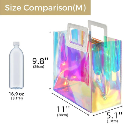 VUOJUR Holographic Gift Bag Medium Size 11x9.8x5.1'' Clear Reusable Birthday Gift Bag for Women Girl Iridescent Bachelorette Wedding Christmas with Handle