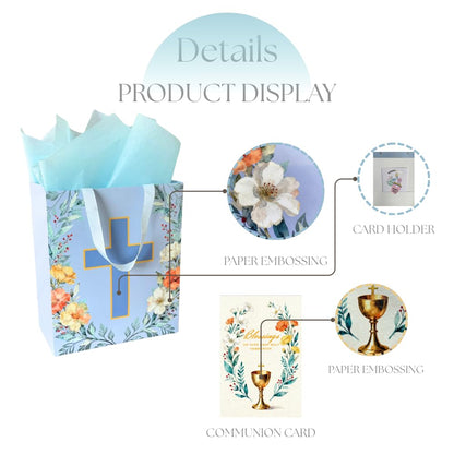Noyi Traxd Large Blue Baptism Gift Bag - 10" x 5" x 11.8", with Cross Design, First Communion Card and Tissue Paper for Baby Boy Baptisms, Christenings and First Communions Religious Occasion