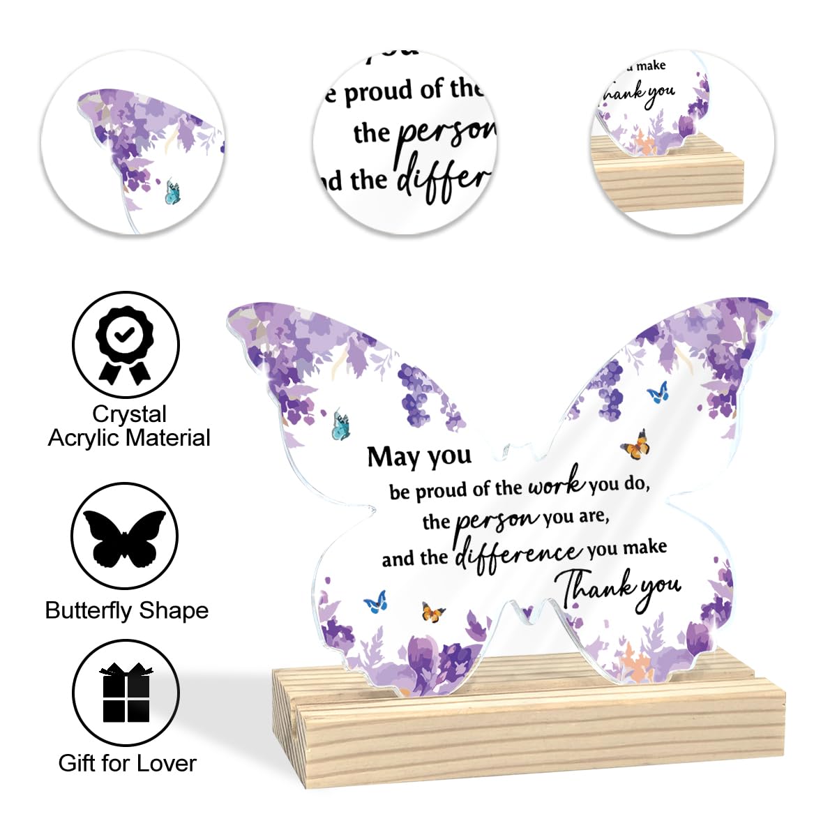 Thank You Gifts for Women - Purple Appreciation Butterfly Acrylic Plaque Home Decor for Teacher Friends Coworkers Employee Female 01-3.7×4.7 Inches