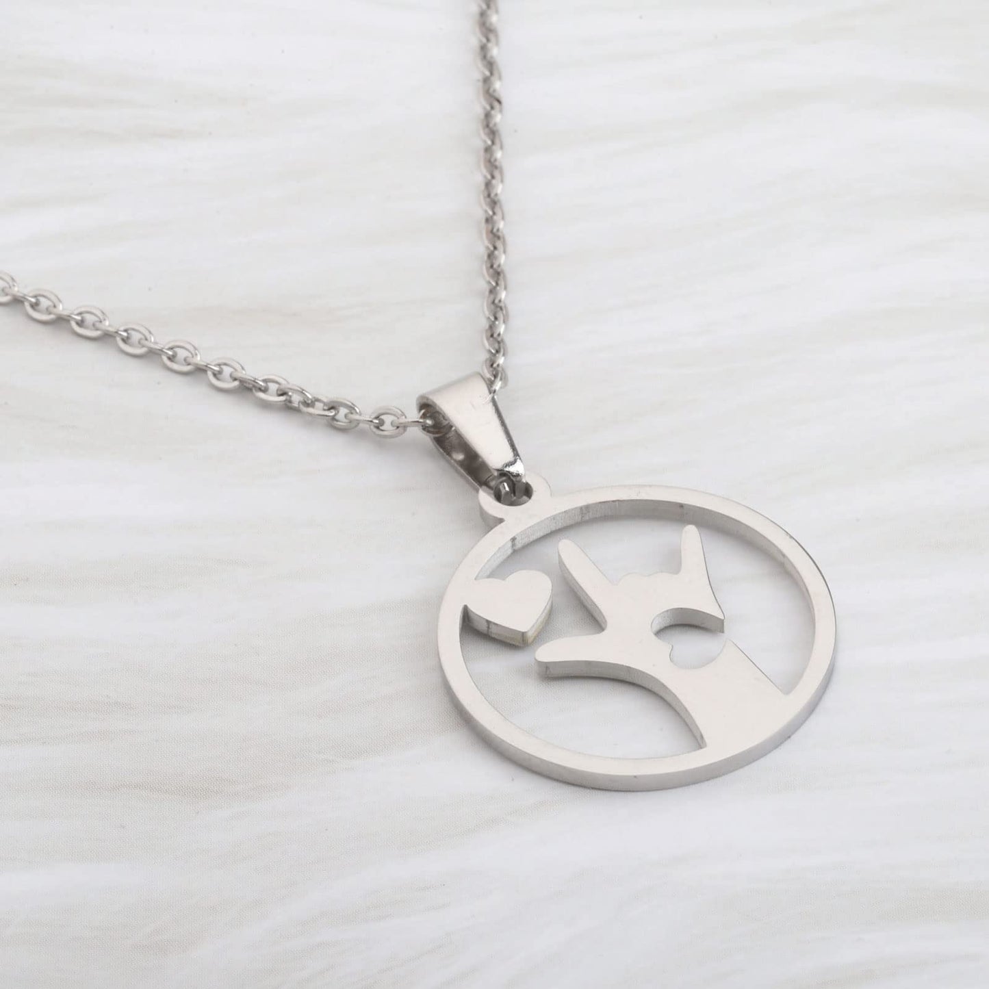 LQRI ASL American Sign Language Jewelry I Love You Hand Sign Language Round Necklace ASL Jewelry Interpreter Teacher gift