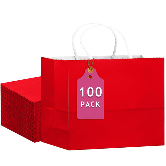 qiqee 100PCS Large Gift Bag with Handles Bulk 13"x4.5"x10" Gift Bags Red Multiple Uses (32x11x25cm,Wide Large)